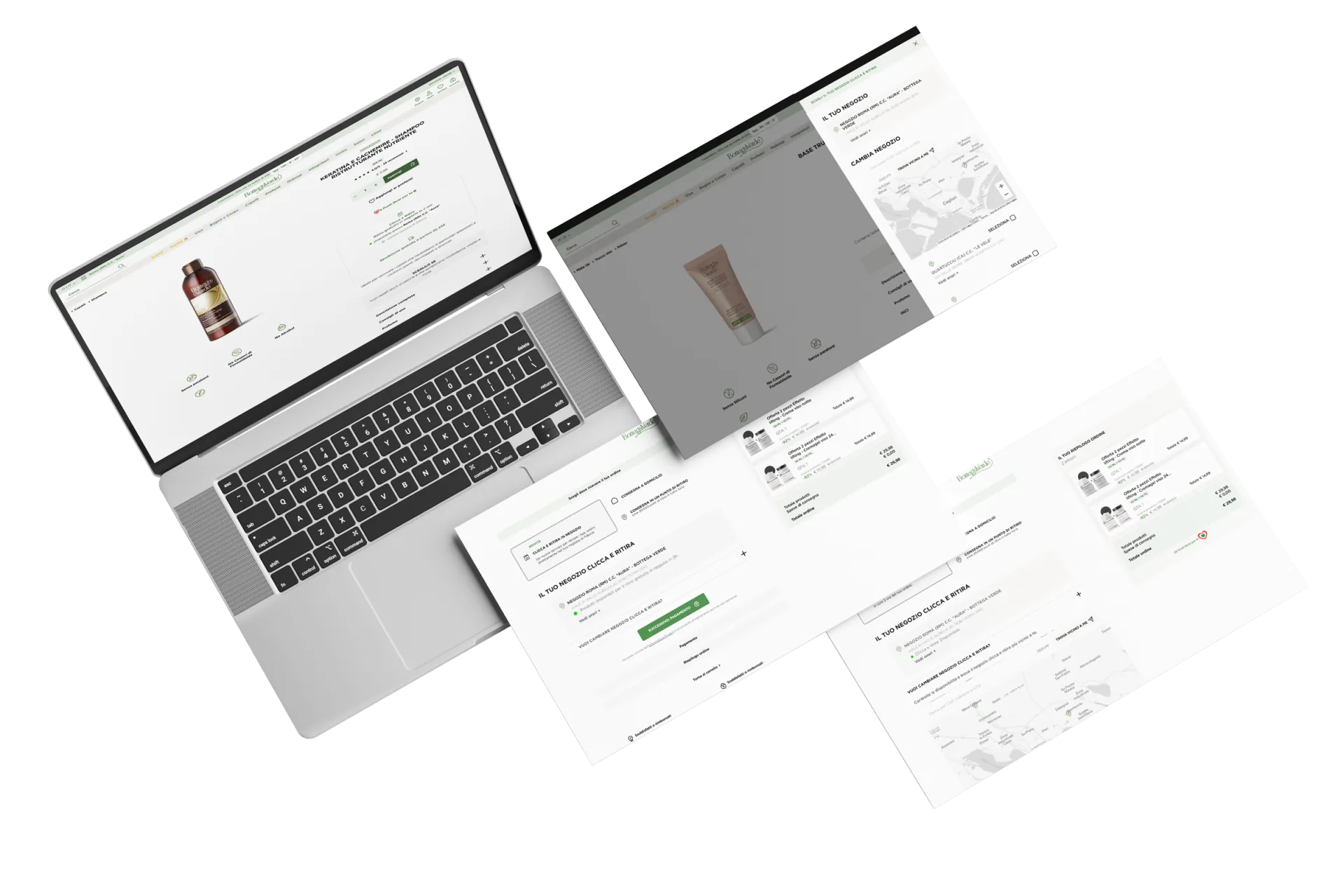 Mockup desktop del percorso Click & Collect: scheda prodotto, scelta del negozio e riepilogo dell’ordine