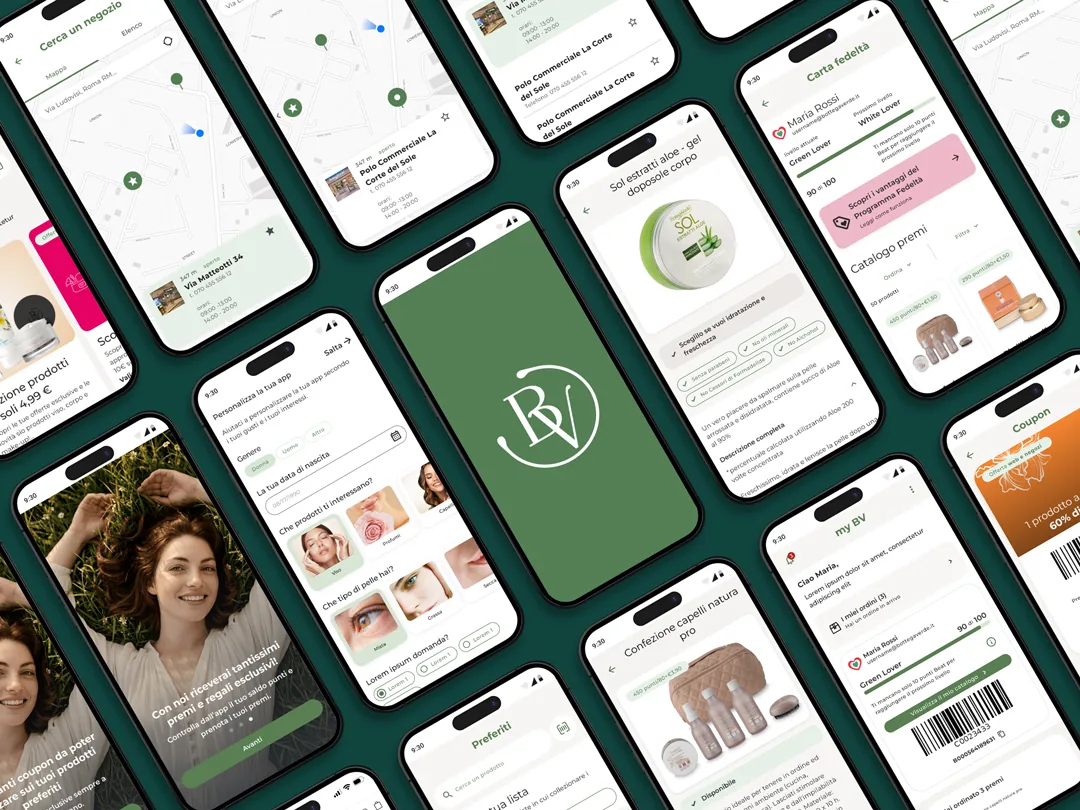 Composizione di schermate dell’app Bottega Verde: ricerca dei negozi, scheda prodotto, carta fedeltà, coupon e area personale