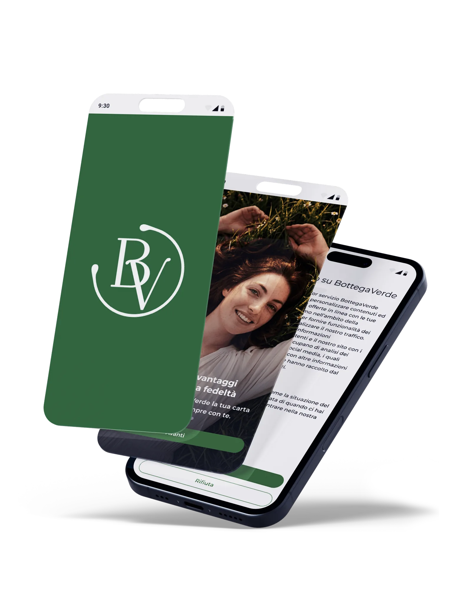 Mockup dell’app Bottega Verde con schermata di avvio, introduzione al programma fedeltà e informativa sui dati