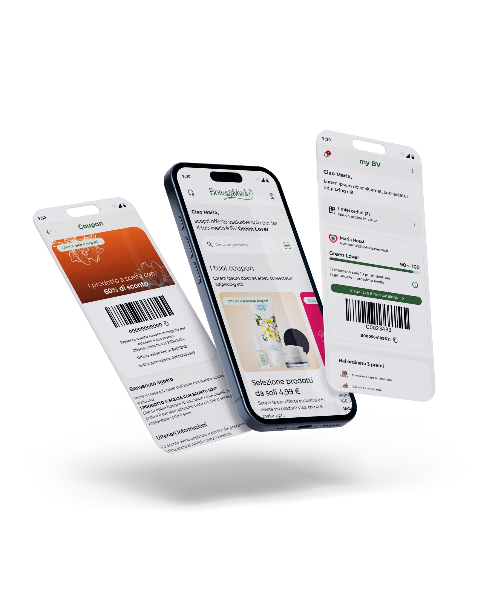 Mockup dell’app Bottega Verde con coupon, home personalizzata e area personale my BV