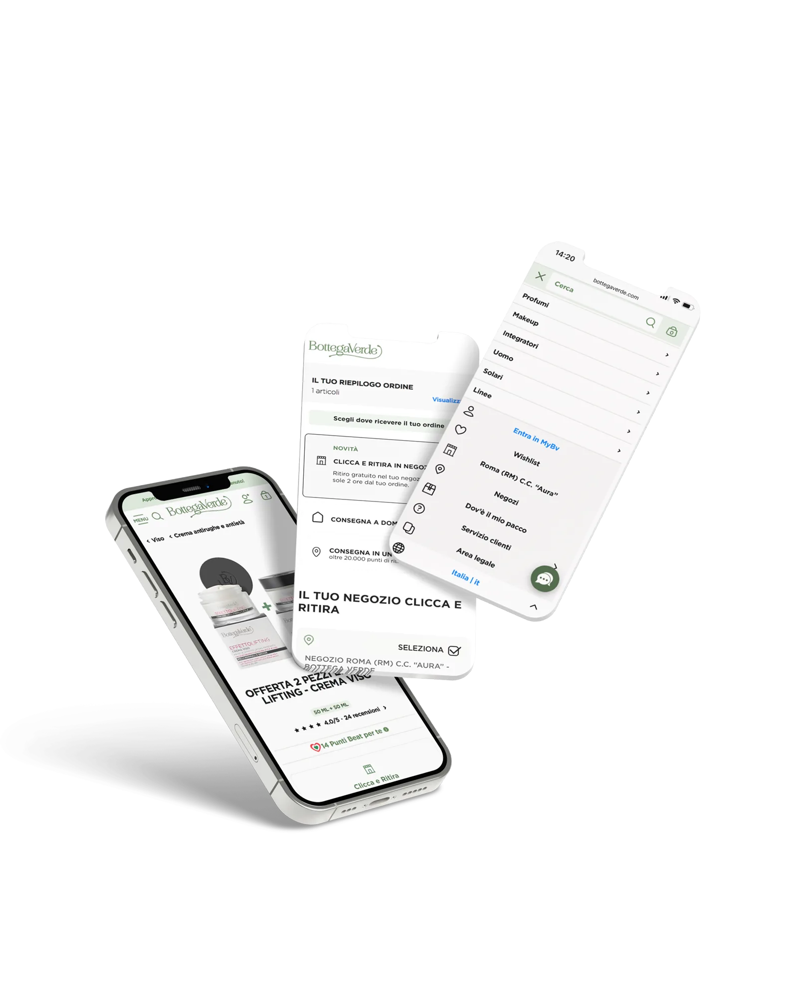 Mockup mobile del menu di navigazione, del Click & Collect e della scheda prodotto Bottega Verde