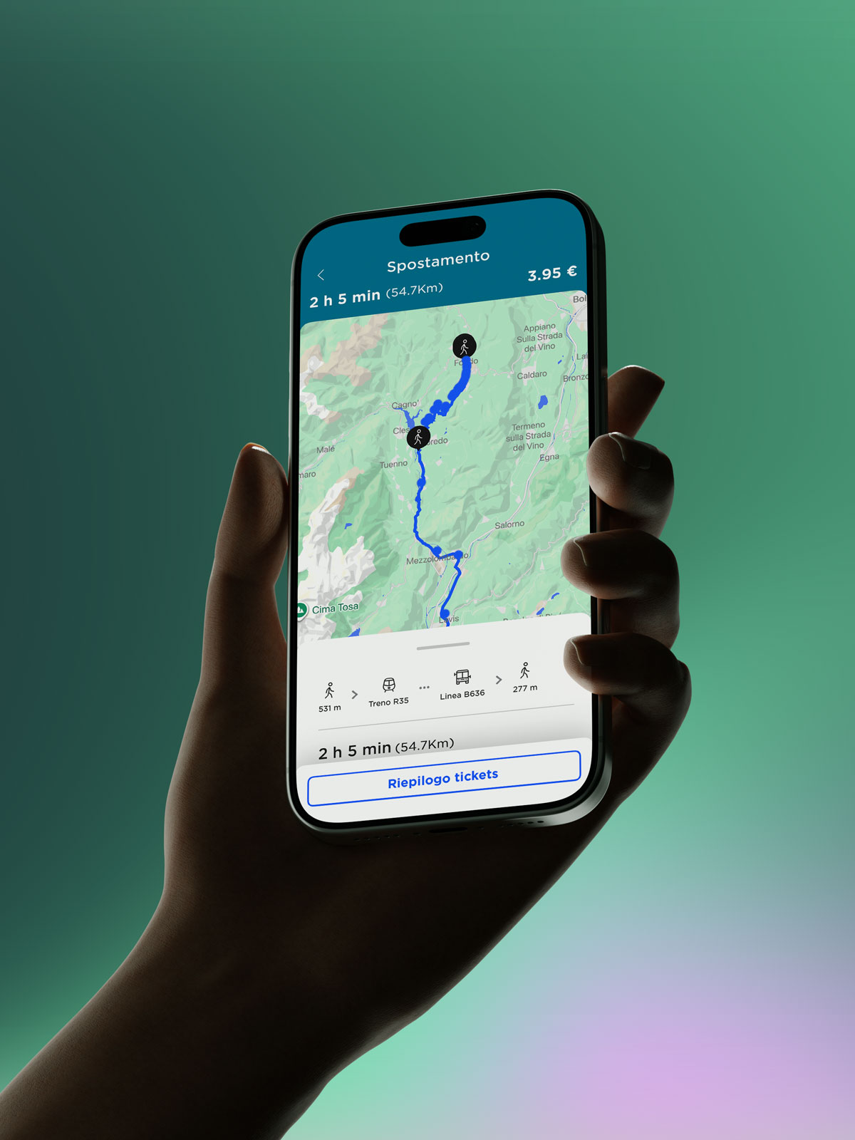 Mockup dell’app Mio Trentino con percorso di mobilità su mappa