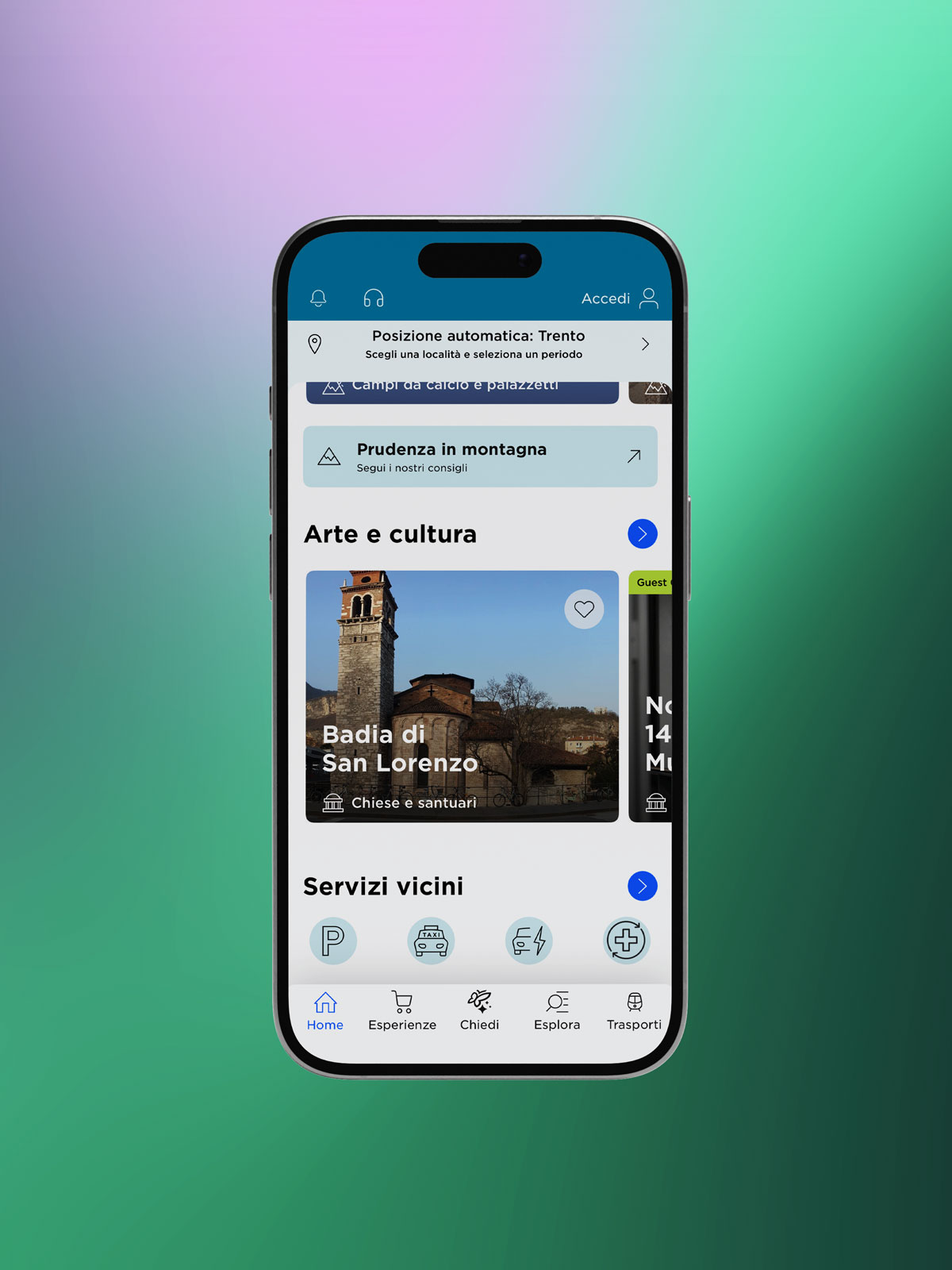Mockup dell’app Mio Trentino con home page, arte e cultura e servizi vicini