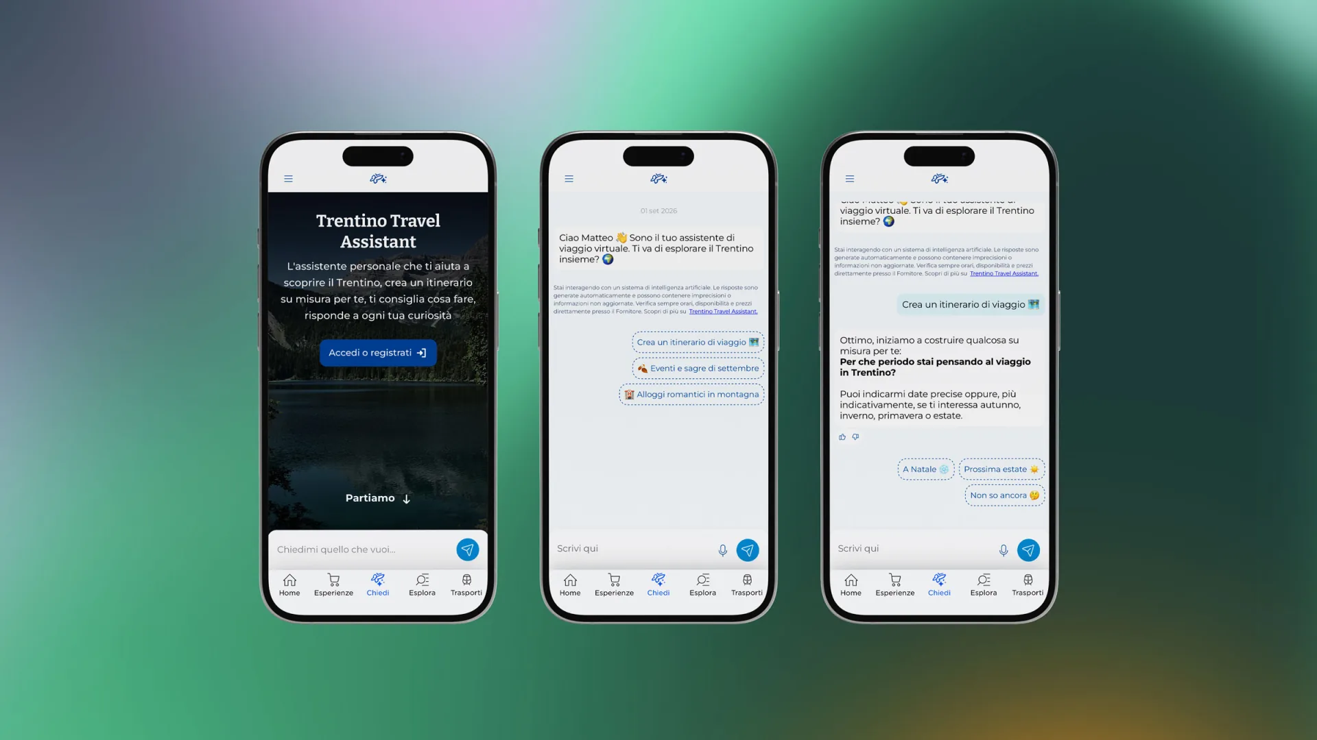 Tre schermate dell’Assistente di Viaggio: accesso, suggerimenti e creazione di un itinerario