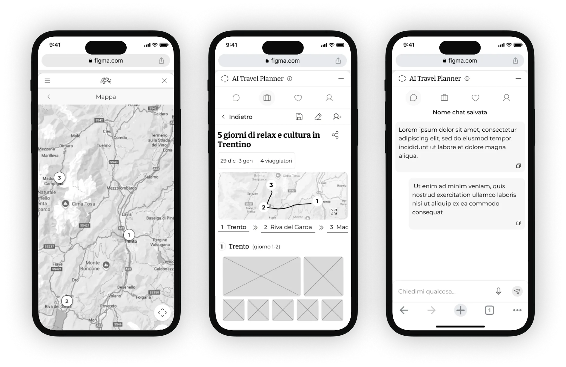 Tre schermate wireframe dell’Assistente di Viaggio: mappa, itinerario e chat salvata