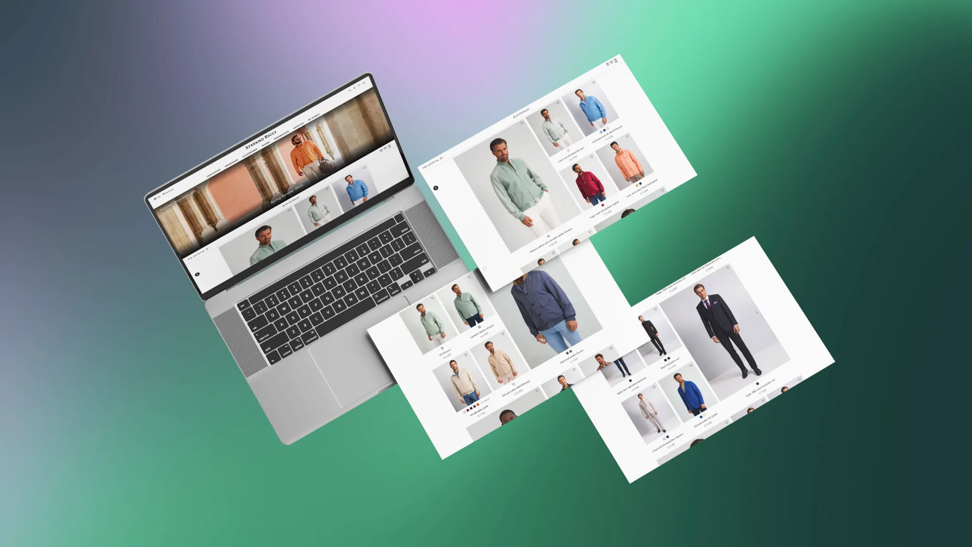 Laptop e tre pagine desktop del sito Stefano Ricci: listing di collezione con banner editoriale e prodotti in evidenza