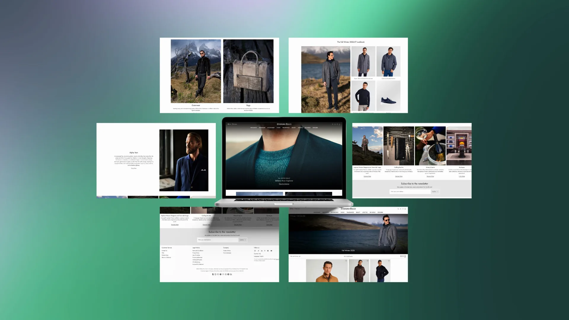 Laptop e sei pagine desktop del sito Stefano Ricci: Explorer, lookbook, pagine editoriali, newsletter e footer